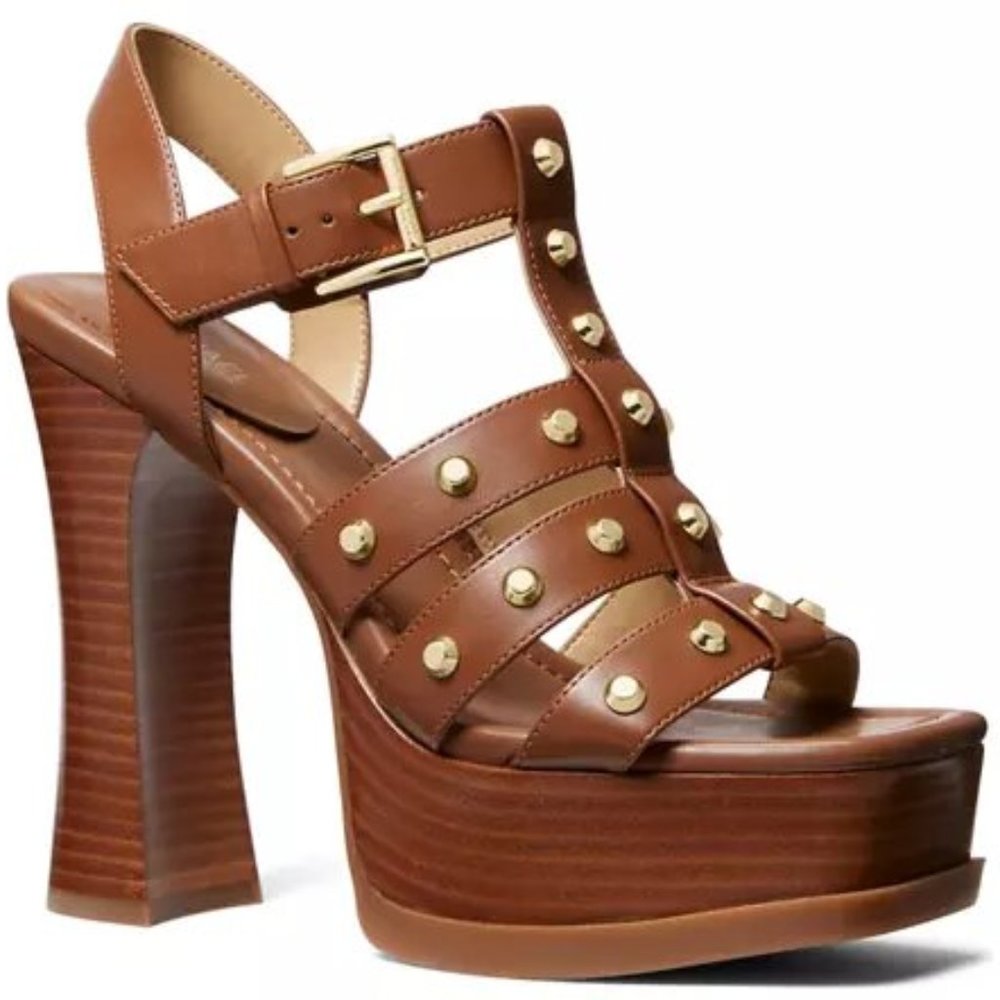 Michael Kors Jagger Luggage Leather Studded Sandals Shoes Pumps Heels NEW